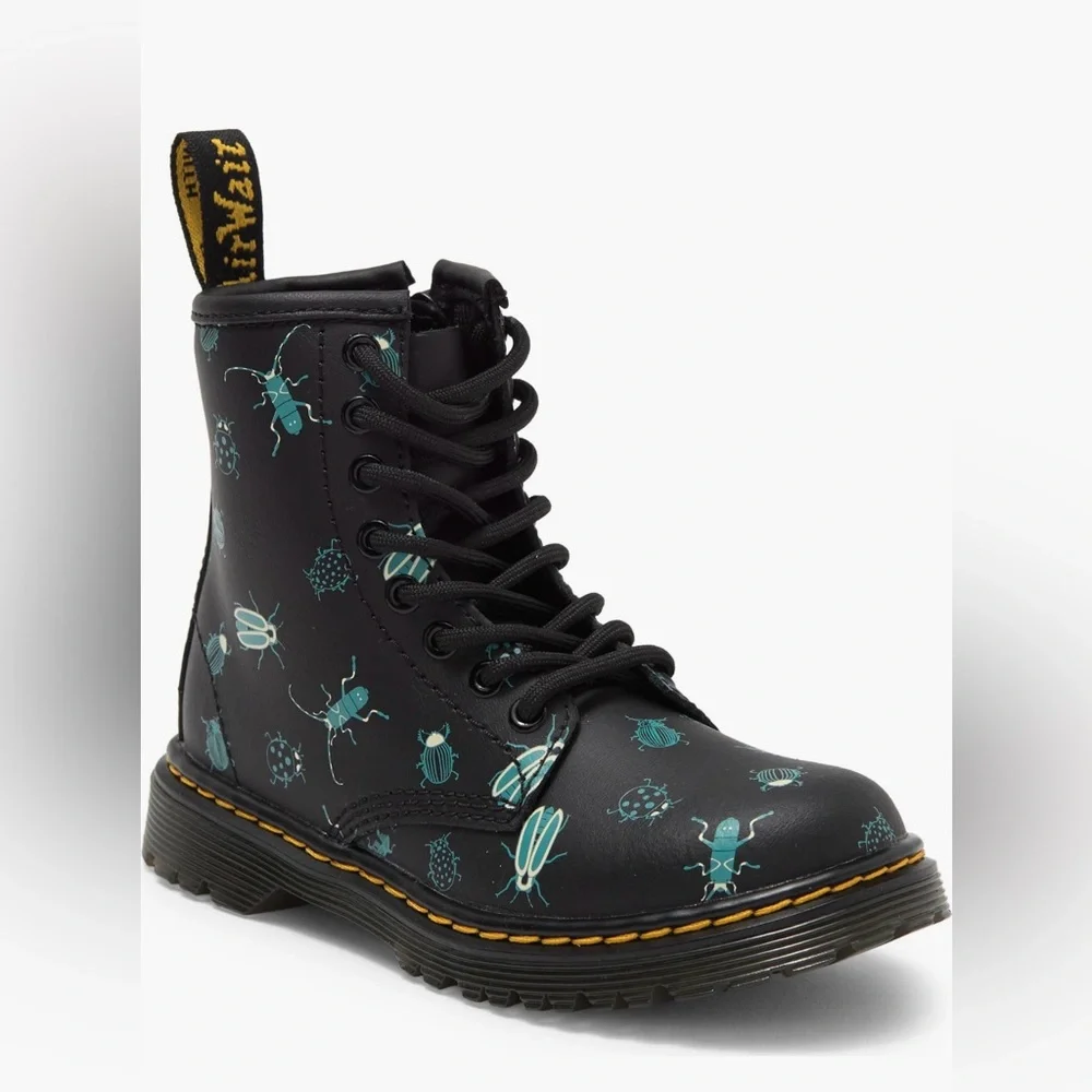 Dr. Martens Kids Black Boots with Teal Bug Print